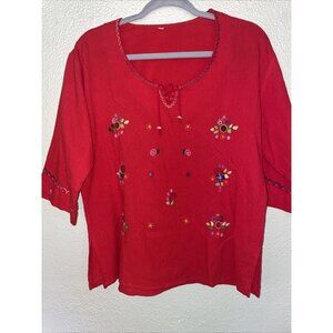 TOP AND PANTS RED Womens Embroidery floral 3 pockets size large cotton relaxed